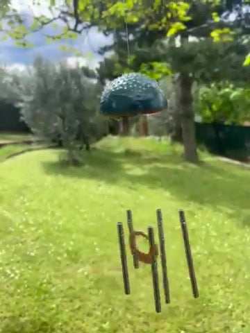 Appesa in giardino, con gli ulivi e il prato sullo sfondo.