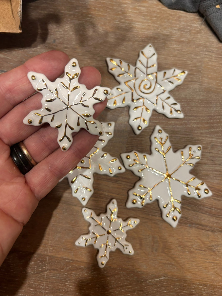 Cinque fiocchi di neve di misure diverse, tenuti in mano.