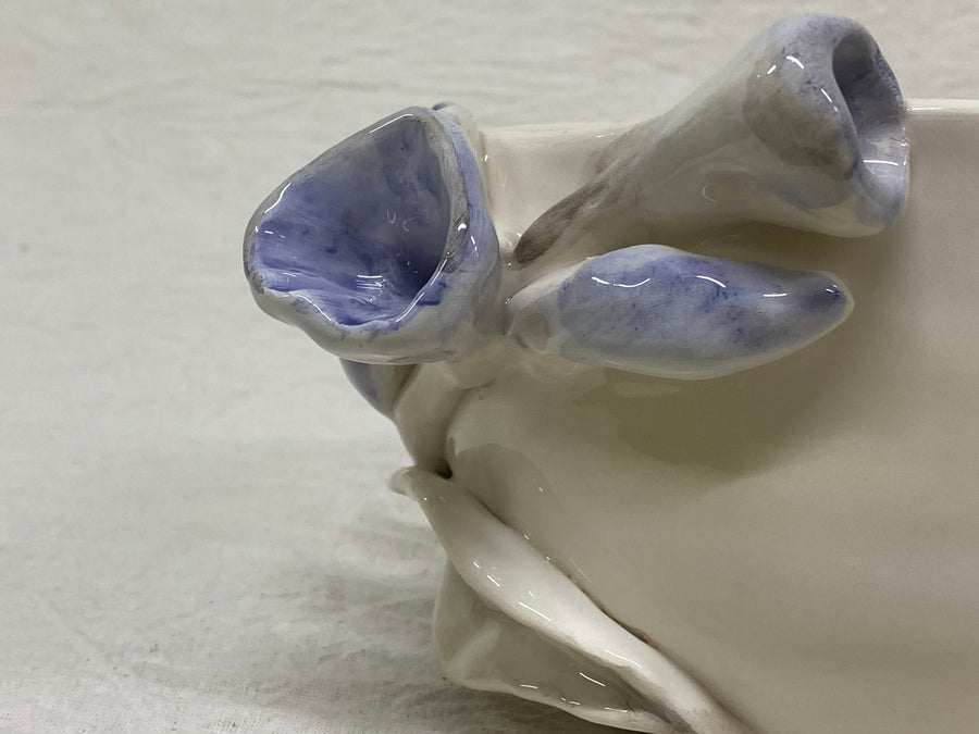 Vaso bianco fiori blu, veduta laterale