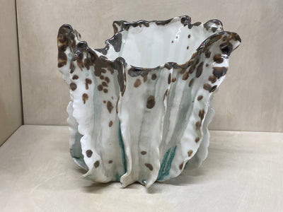 Vaso grande anemone bianco e verde in ceramica