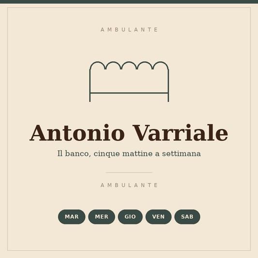Illustrated sign of Antonio Varriale's stall: five mornings a week, Tuesday to Saturday