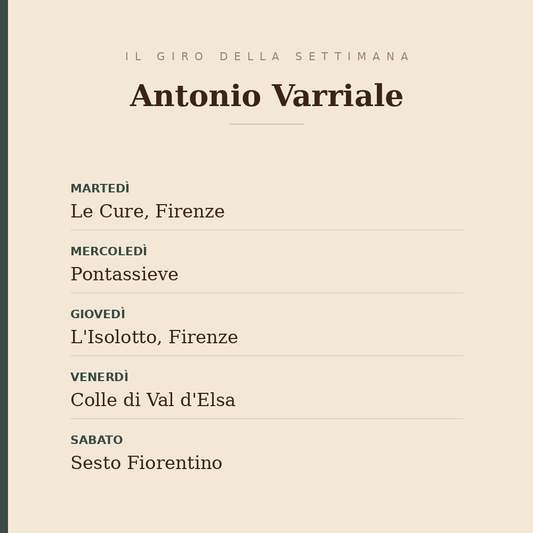The weekly round of Antonio Varriale: Le Cure in Firenze on Tuesday, Pontassieve on Wednesday, L'Isolotto on Thursday, Colle di Val d'Elsa on Friday, Sesto Fiorentino on Saturday