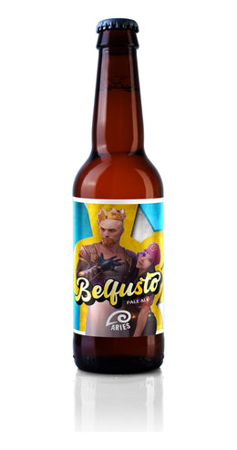 Bottiglia Belfusto da 33 cl, etichetta illustrata su fondo azzurro e giallo