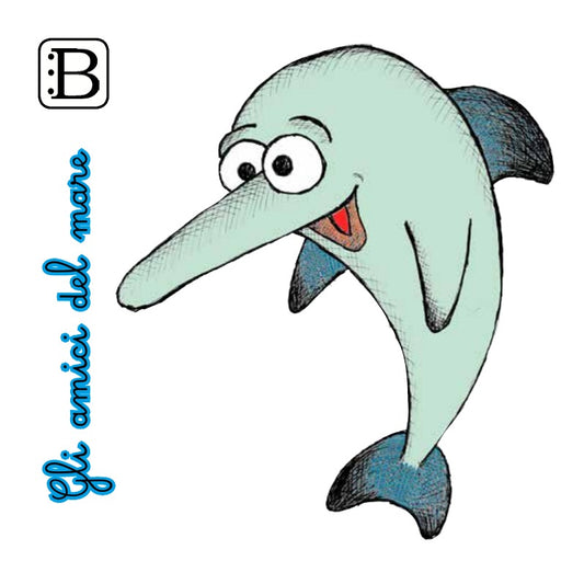 Il biglietto quadrato con Delfino, Gli Amici del Mare — illustrazione di Gabriele Rondini per Bookendipity
