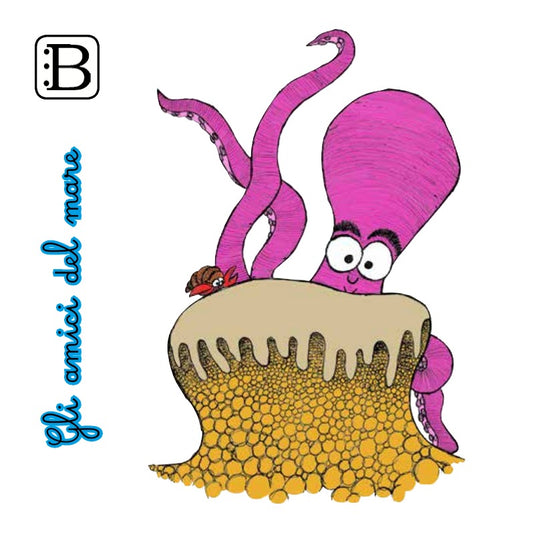 Il biglietto quadrato con Polpo, Gli Amici del Mare — illustrazione di Gabriele Rondini per Bookendipity