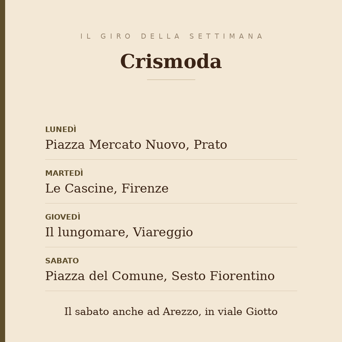 Il giro della settimana di Crismoda: lunedì in piazza Mercato Nuovo a Prato, martedì alle Cascine di Firenze, giovedì sul lungomare di Viareggio, sabato a Sesto Fiorentino e ad Arezzo