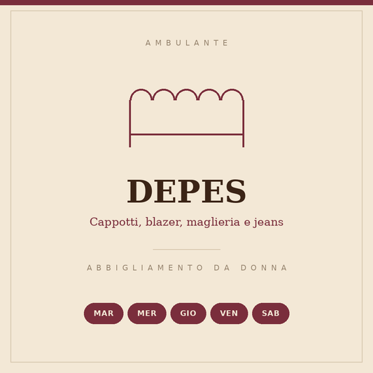 Illustrated sign of the DEPES stall: coats, blazers, knitwear and jeans, Tuesday to Saturday