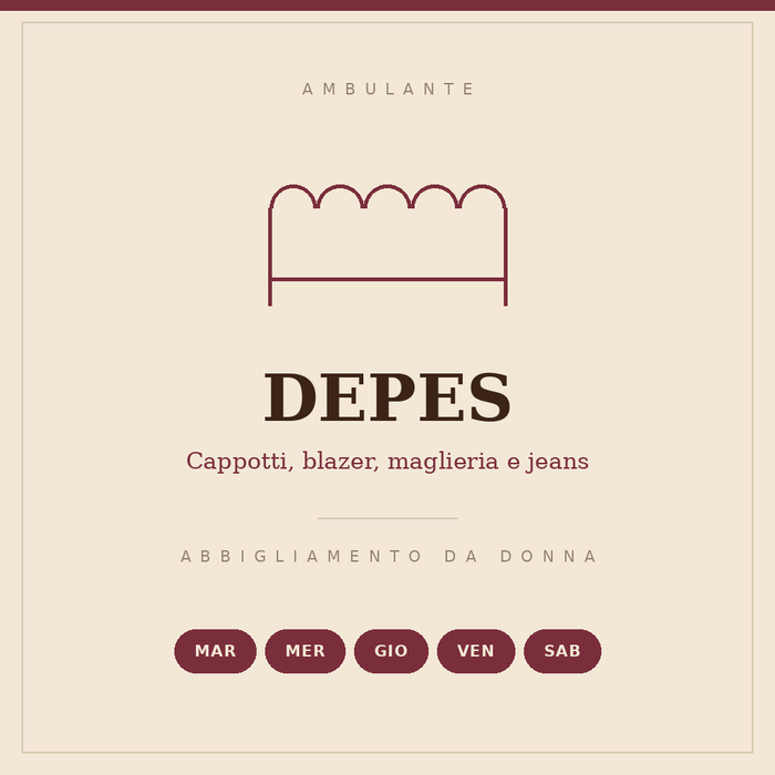 Insegna disegnata del banco DEPES: cappotti, blazer, maglieria e jeans, dal martedì al sabato