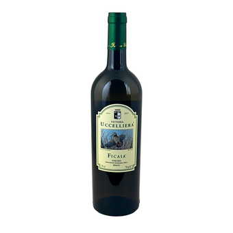 Bottiglia di Ficaia IGT Toscana della Fattoria Uccelliera, vetro verde, su fondo bianco