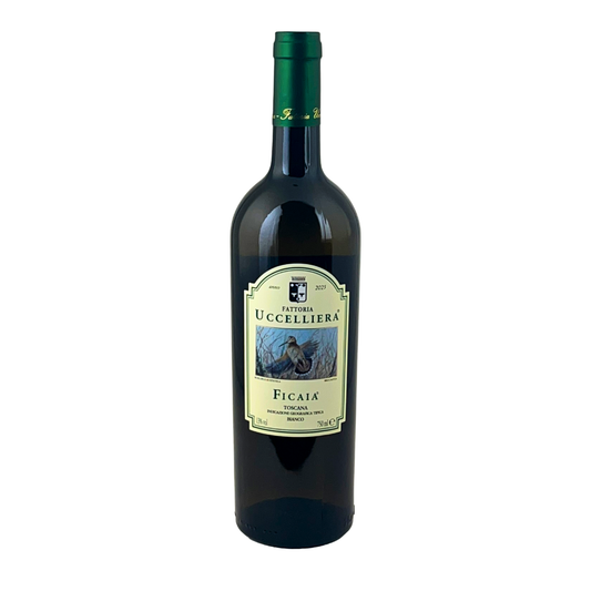 Bottiglia di Ficaia IGT Toscana della Fattoria Uccelliera, vetro verde, su fondo bianco