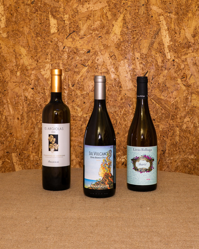 Le 3 bottiglie della selezione «Bianchi Selezione Bottegone» in piedi davanti al fondo del set: Vermentino Is Argiolas, Sul Vulcano Bianco Donnafugata e Sharis Livio Felluga.
