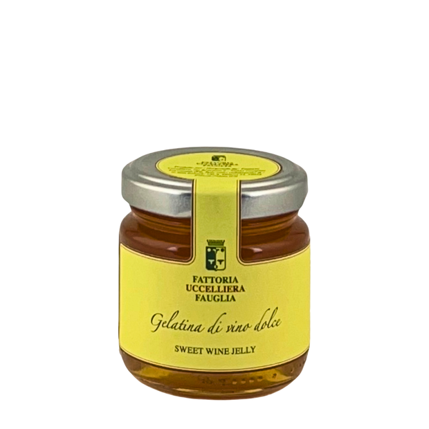Vasetto di gelatina al vino dolce della Fattoria Uccelliera, gelatina ambrata, su fondo bianco