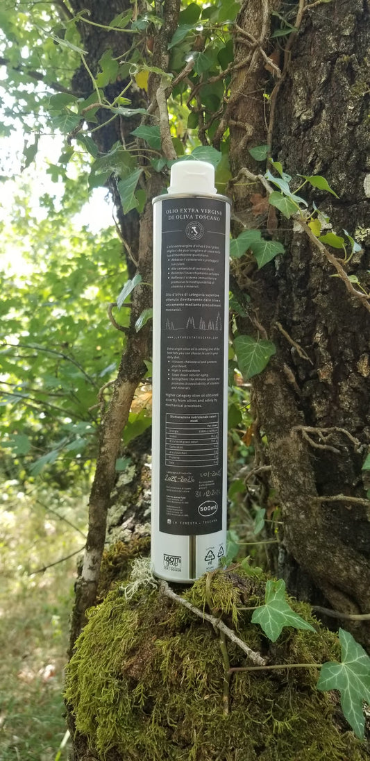 Il retro della bottiglia da 500 ml, con il testo in italiano e in inglese e la tabella nutrizionale