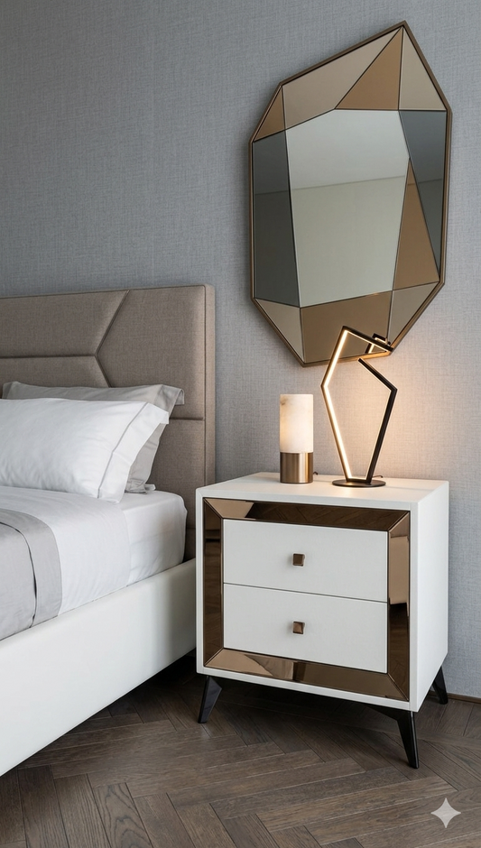 Il comodino 4005 accanto al letto, con la stessa cornice in specchio bronzo e due cassetti
