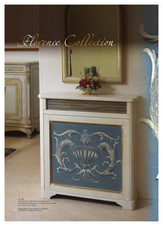 La pagina di catalogo del copritermo in azzurro: il pannello dipinto sul fronte e la griglia traforata sotto il piano