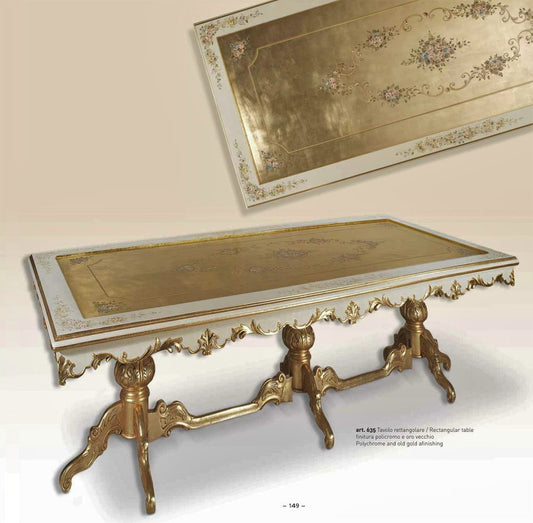 La pagina di catalogo del tavolo 635: il piano dorato e dipinto visto dall'alto e il tavolo intero con il basamento intagliato