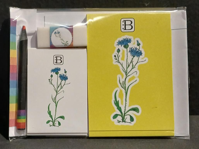 Il kit Leggi & Colora dedicato al Fiordaliso, chiuso nella busta: i due taccuini, la matita, il righello e la gomma