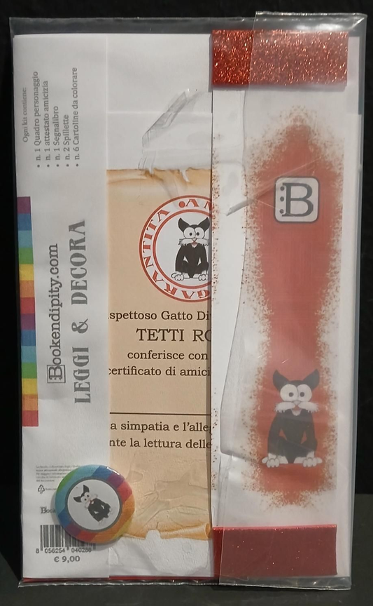 Il contenuto del kit dedicato al Gatto: l'attestato di amicizia, il segnalibro e la spilletta