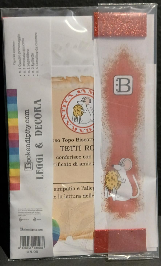 Il contenuto del kit dedicato al Topo Bianco: l'attestato di amicizia, il segnalibro e la spilletta