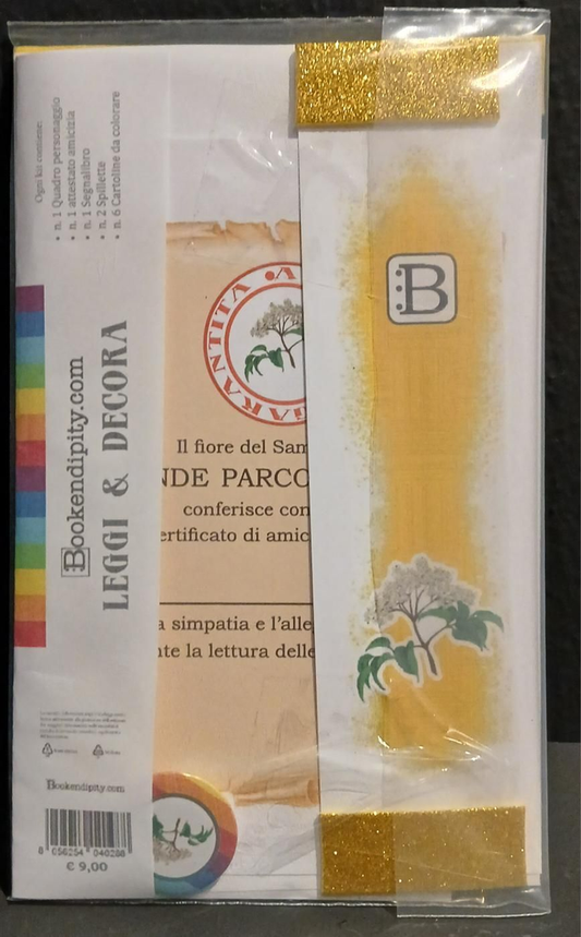 Il contenuto del kit dedicato al Sambuco: l'attestato di amicizia, il segnalibro e la spilletta