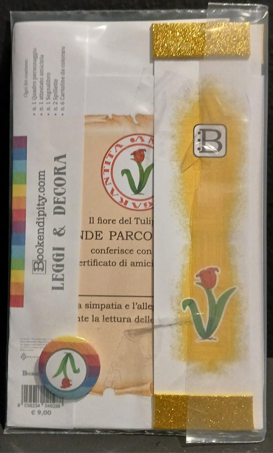 Il contenuto del kit dedicato al Tulipano: l'attestato di amicizia, il segnalibro e la spilletta