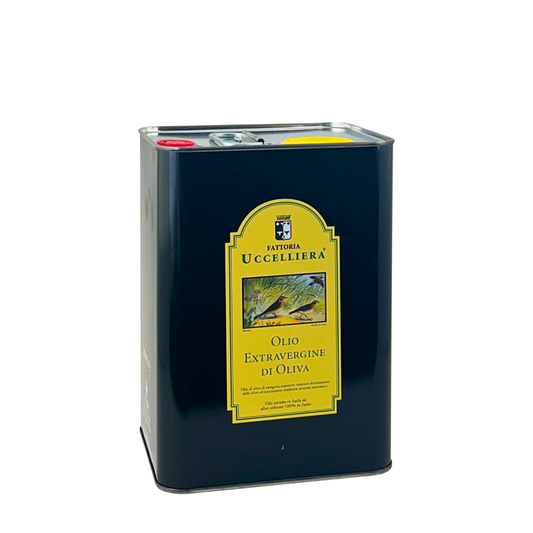 Latta da tre litri di olio extravergine di oliva della Fattoria Uccelliera su fondo bianco