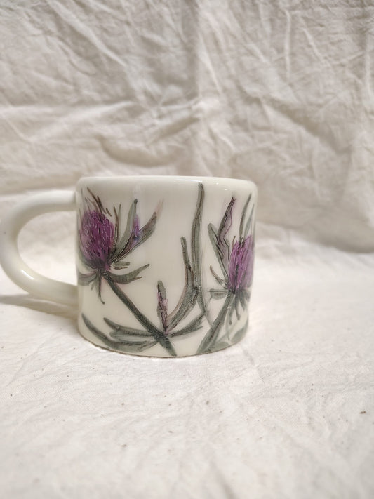 Tazza con due teste di cardo viola e le foglie spinose