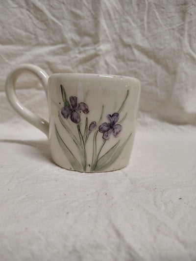 Tazza con due iris viola e le foglie a spada