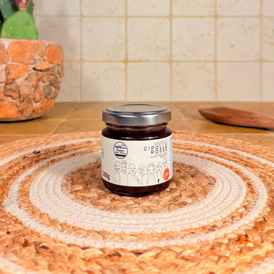 Il vasetto piccolo da 100 g di Composta di cipolle rosse, col coperchio argentato