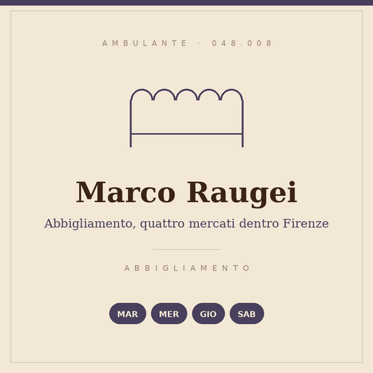 Drawn sign of the Marco Raugei stall: clothing, Tuesday, Wednesday, Thursday and Saturday, operator code 048.008