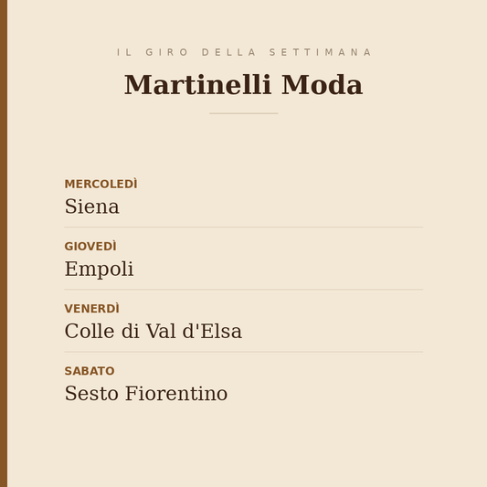 Il giro della settimana di Martinelli Moda: mercoledì Siena, giovedì Empoli, venerdì Colle di Val d'Elsa, sabato Sesto Fiorentino