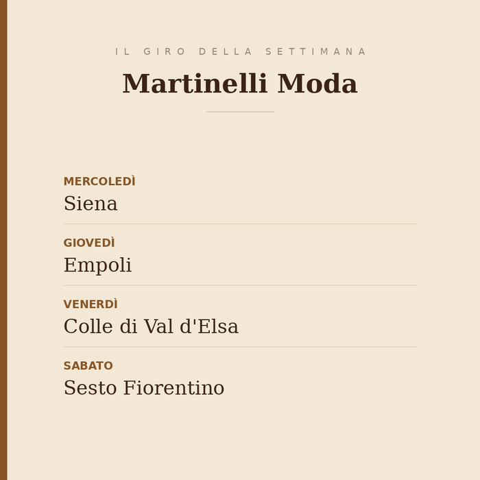 Il giro della settimana di Martinelli Moda: mercoledì Siena, giovedì Empoli, venerdì Colle di Val d'Elsa, sabato Sesto Fiorentino