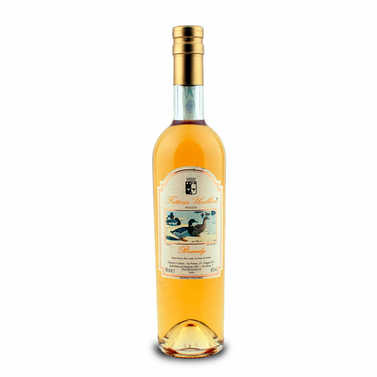 Bottiglia di Brandy della Fattoria Uccelliera, distillato ambrato, su fondo bianco
