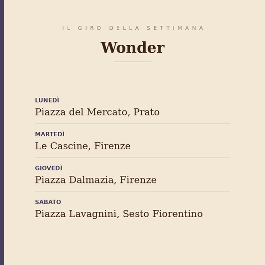 The weekly round of Wonder: Monday in piazza del Mercato in Prato, Tuesday at the Cascine in Firenze, Thursday in piazza Dalmazia, Saturday in piazza Lavagnini in Sesto Fiorentino