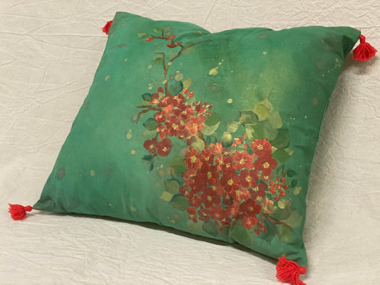 Cuscino con fiori di ciliegio rossi dipinti a mano