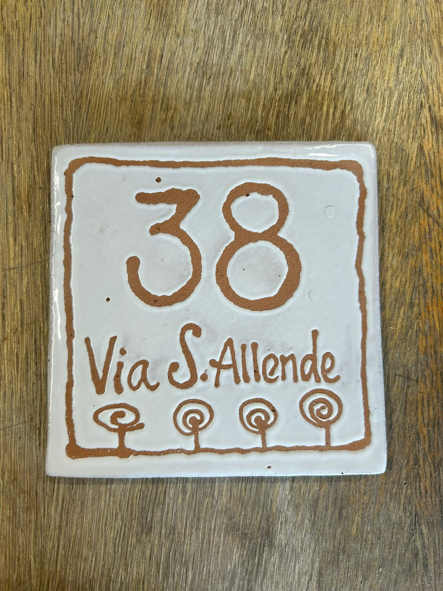 Targa quadrata con il numero 38 e «Via S. Allende», disegno di fiori stilizzati color ruggine.