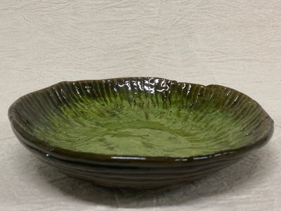 Medium green catch-all tray in coil-built red clay