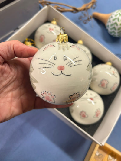Una sfera con il muso di gatto tenuta in mano, davanti alla scatola con le altre.