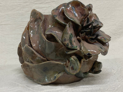 Red clay vase with a modelled peony