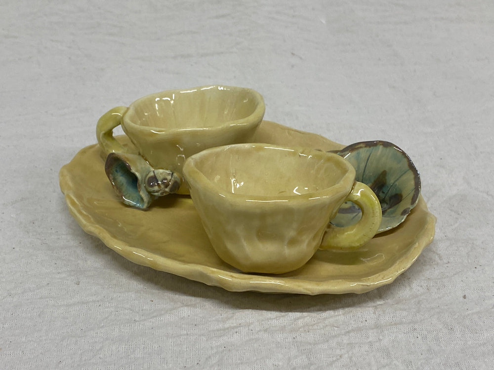 Set of two coffee cups with saucers, honey flowers