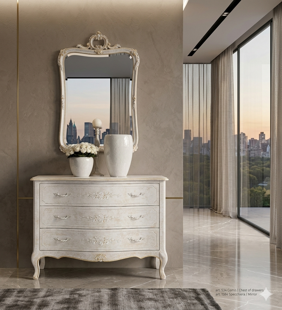 The 534 chest of drawers in a light room, in three-quarter view, with the carved apron under the top
