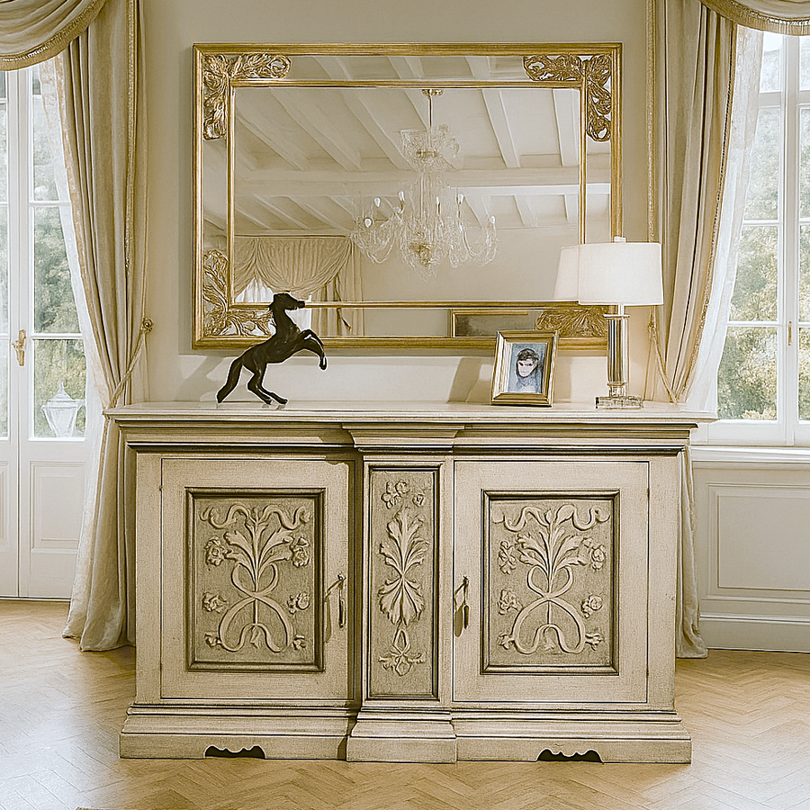 La credenza 607 in ambiente, sotto una specchiera dorata: i pannelli a rilievo, il cavallo di bronzo sul piano e il parquet a spina di pesce