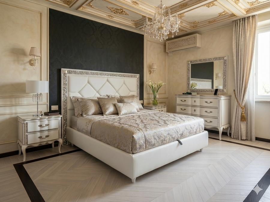 Il letto 843 S nella camera intera, con il comò e la specchiera sulla parete di fianco: gli altri arredi non sono compresi