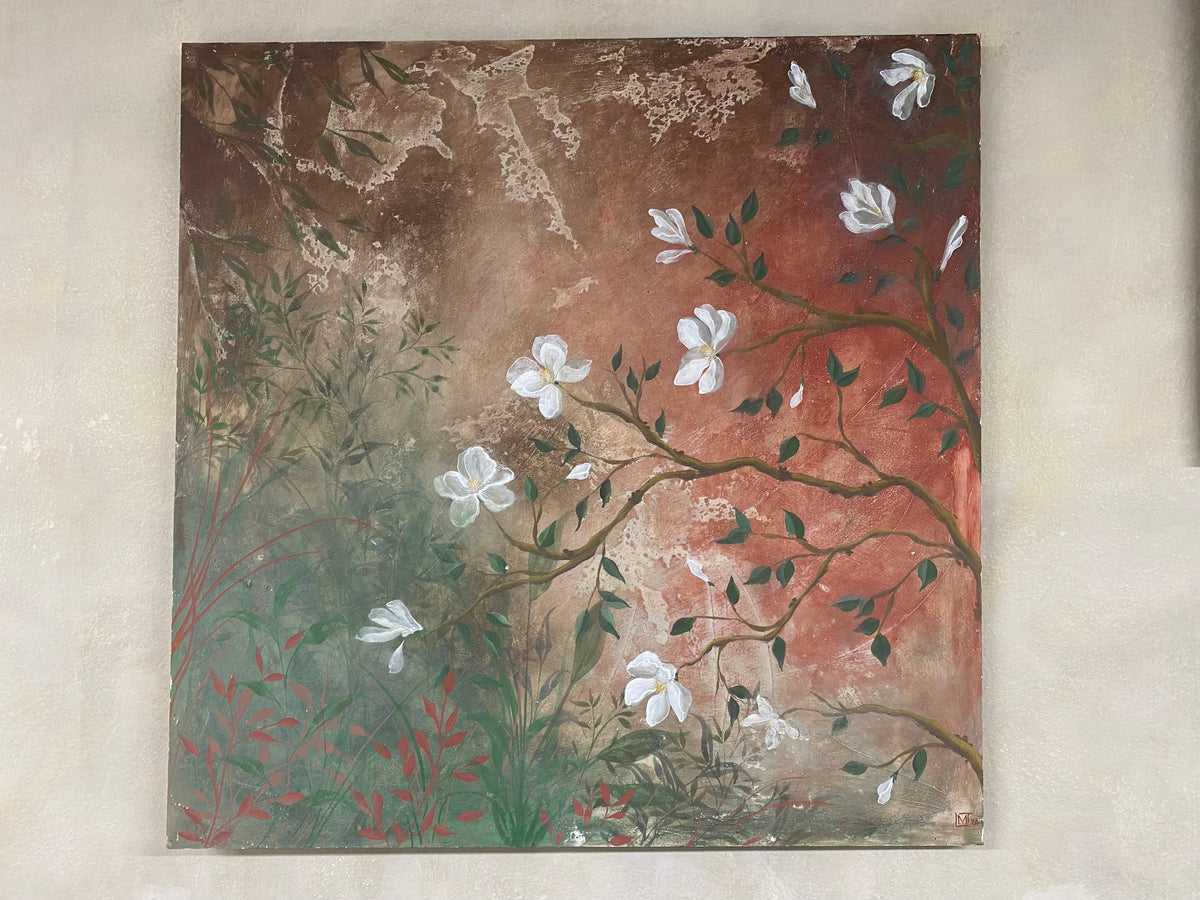 Pannello Magnolia su fondo rosso, quadro dipinto a mano