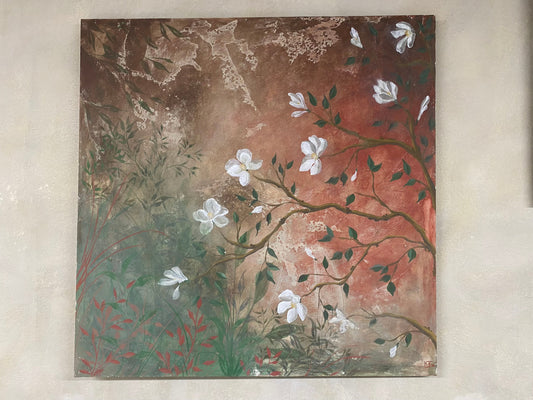 Pannello Magnolia su fondo rosso, quadro dipinto a mano
