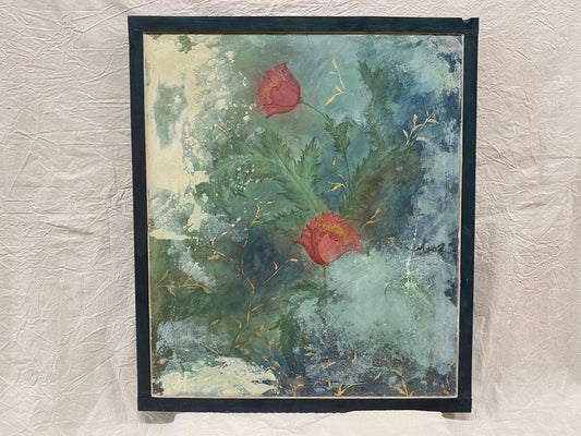 Pannello Peonia Verde, quadro dipinto a mano su legno
