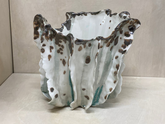 Vaso grande anemone bianco e verde in ceramica