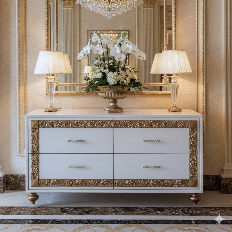 La credenza 544 nella versione bianco e oro: le bande dorate che incorniciano i quattro cassetti, le maniglie e i piedi tondi