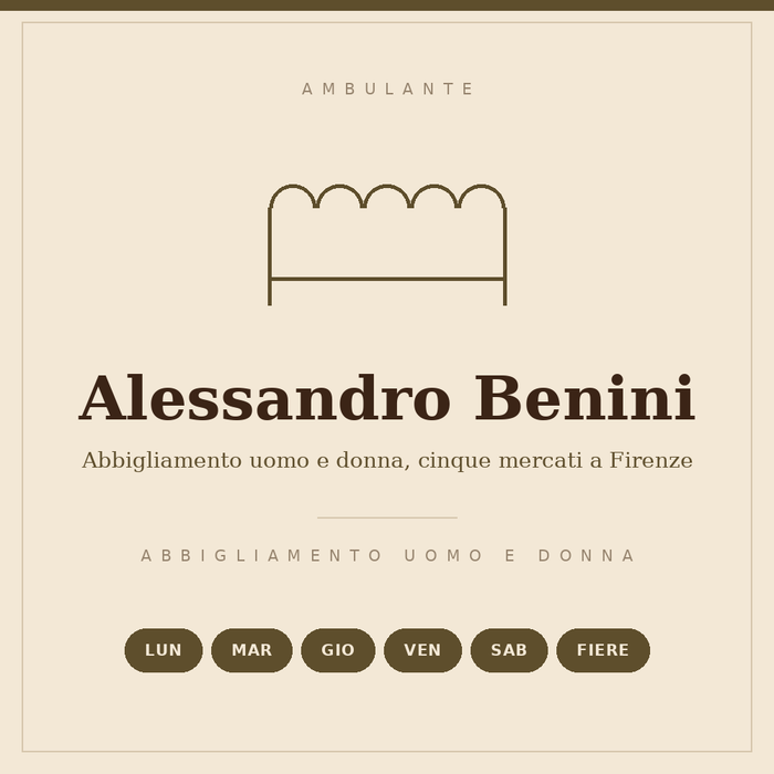 Insegna disegnata del banco di Alessandro Benini: abbigliamento uomo e donna, cinque mattine a Firenze e le fiere, codice operatore 048.019