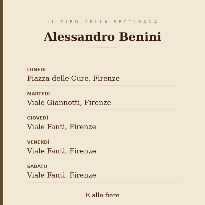 Il giro della settimana di Alessandro Benini, tutto a Firenze: lunedì in piazza delle Cure, martedì in viale Giannotti, giovedì, venerdì e sabato in viale Fanti; e le fiere